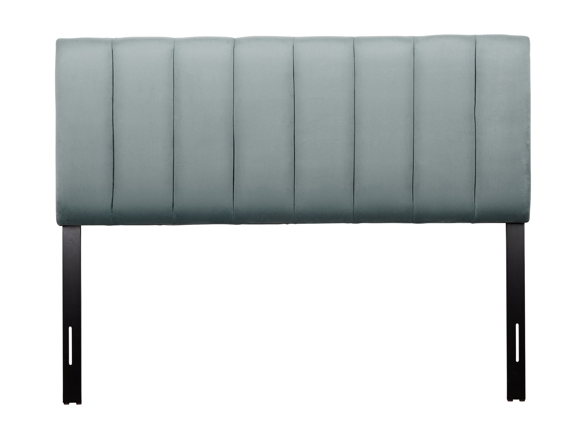 Light blue queen panel headboard with tufted fabric, wooden frame, and modern design.
