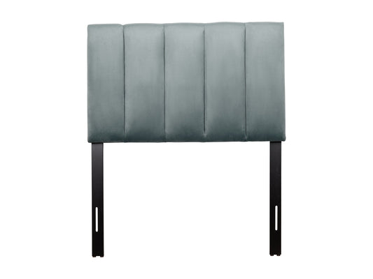 Light blue twin panel headboard with tufted fabric, minimalist design, and wooden frame.
