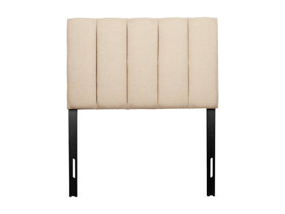 Cream panel headboard, twin/single size, upholstered fabric with vertical stitching and sleek design.