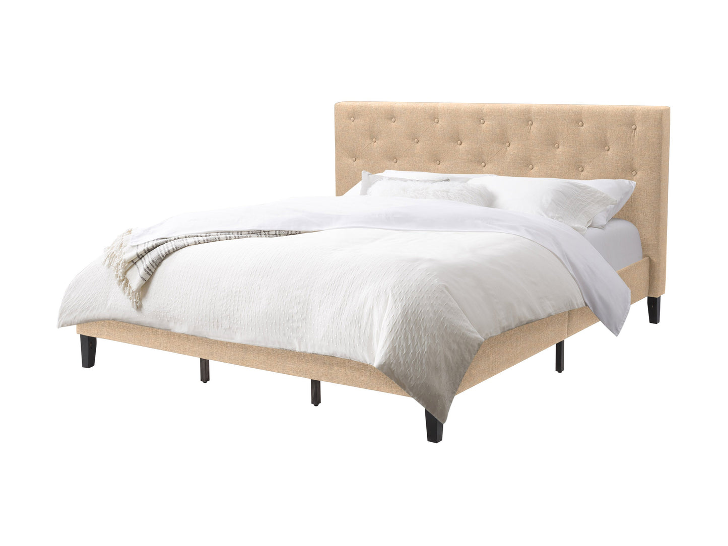 Cream button tufted king bed with upholstered headboard and wooden legs, elegant and modern bedroom furniture.