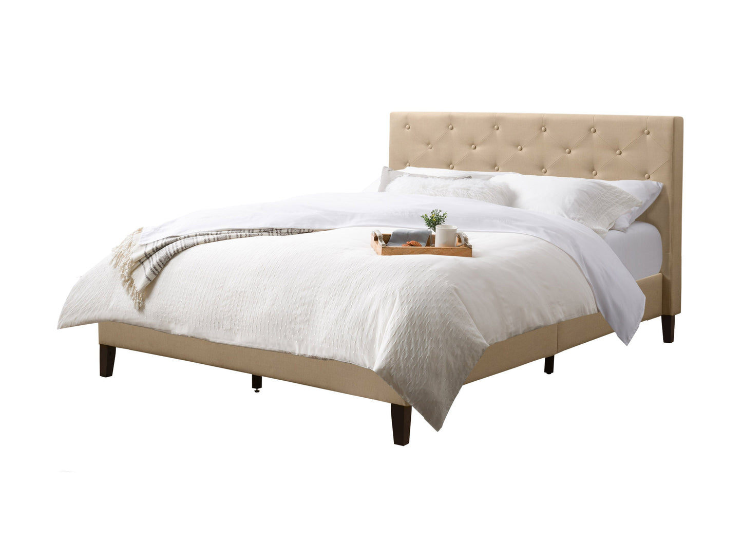 Cream button tufted queen bed with upholstered headboard and wooden legs, elegant design for modern bedrooms.