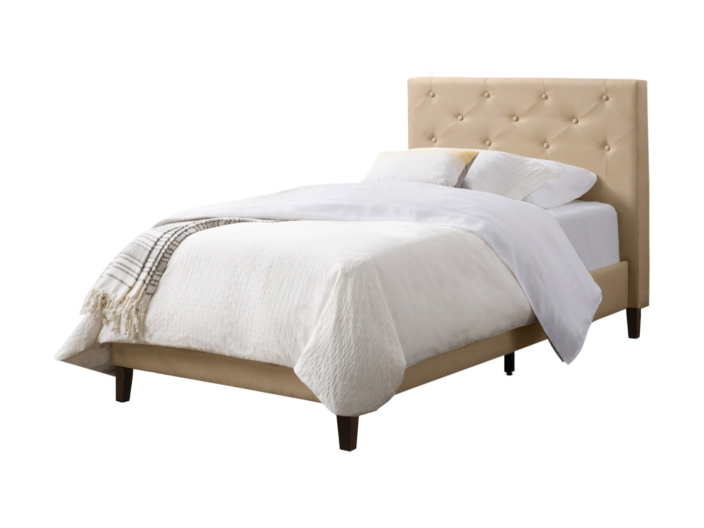 Cream button-tufted twin bed with wooden legs and plush upholstery, perfect for modern bedroom decor.