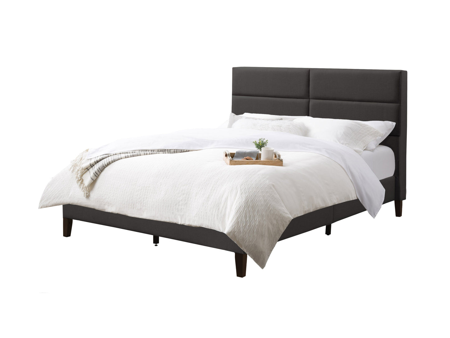Dark grey upholstered double bed with tufted headboard and wooden legs.