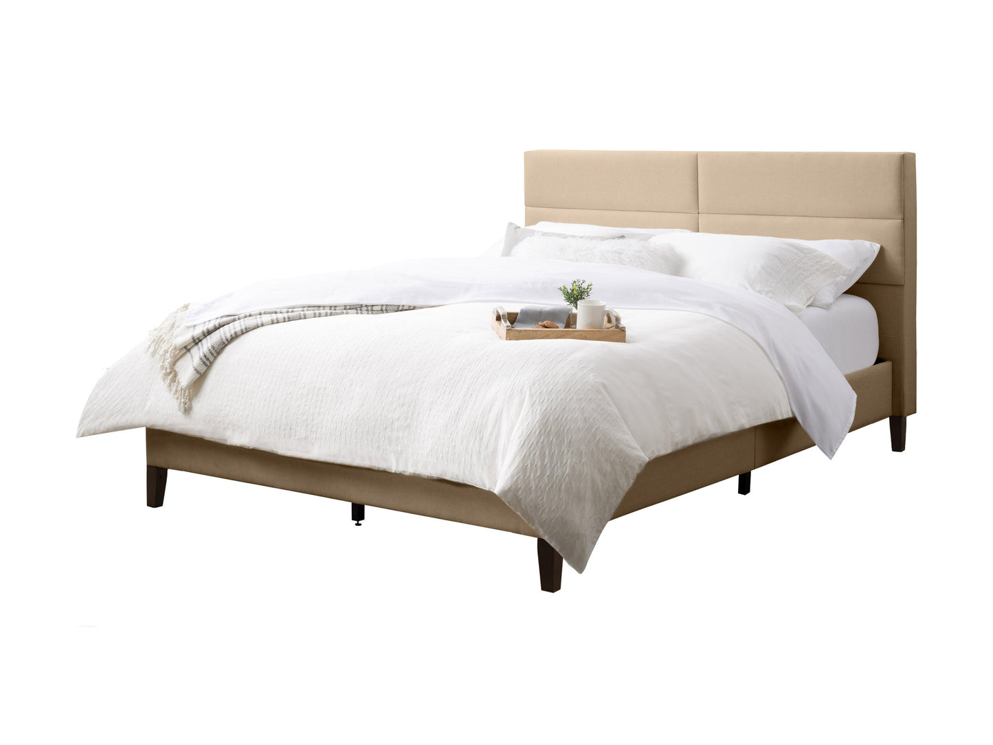 Cream upholstered queen bed with tufted headboard, wooden legs, and elegant design.