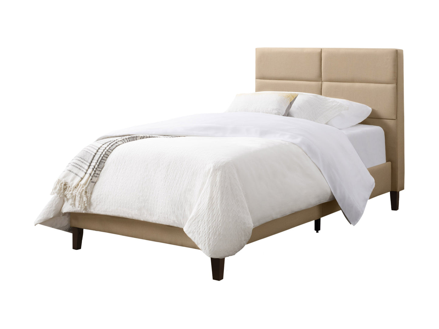 Cream upholstered twin bed with tufted headboard, wooden legs, and minimalist design.