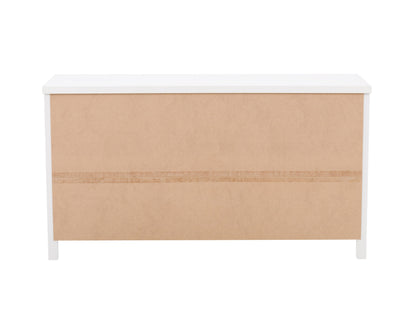 White 6-drawer dresser with sleek handles, modern design, and sturdy construction for bedroom storage.