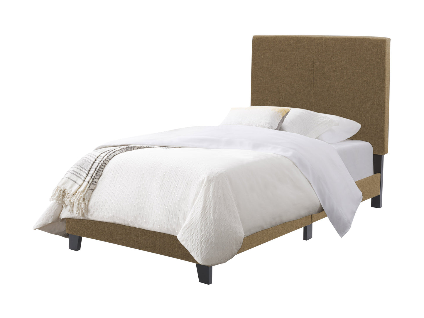 Contemporary twin bed with clay fabric upholstery, wooden frame, and minimalist design.