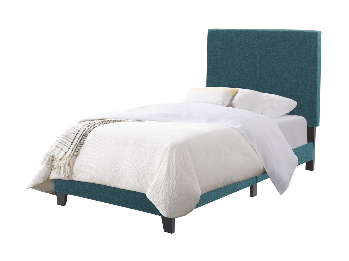Contemporary blue twin bed with upholstered headboard, wooden frame, and minimalist design.