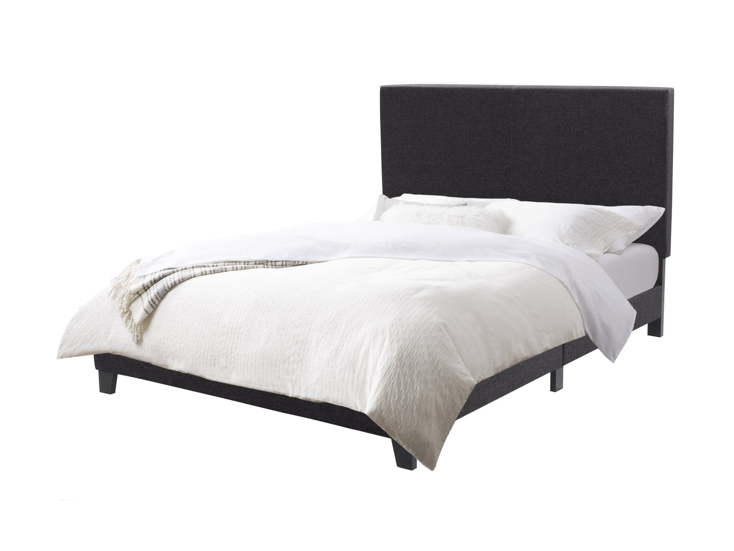 Contemporary charcoal queen bed with upholstered headboard, wooden frame, and sleek modern design.