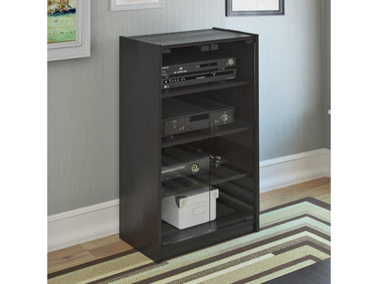 Dark wood media storage cabinet with doors, 21 inches, featuring slatted design, sleek metal handles, and sturdy legs; ideal for organizing DVDs, books, and electronics in a modern living room or office.