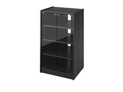 Modern 21-inch media storage cabinet with sleek black finish, featuring two doors, minimalist design, and ample storage space for electronics and accessories, perfect for contemporary living rooms or offices.