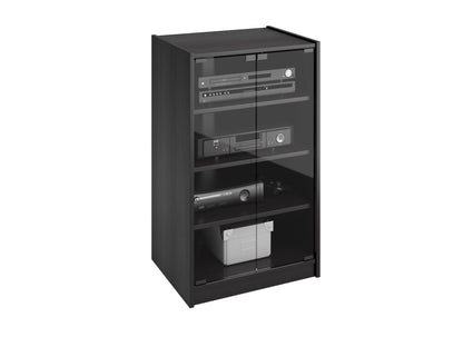 Dark wood media storage cabinet with doors, 21-inch, featuring sleek metal handles, adjustable shelves, and a minimalist design perfect for organizing DVDs, books, and electronics in a modern living room.