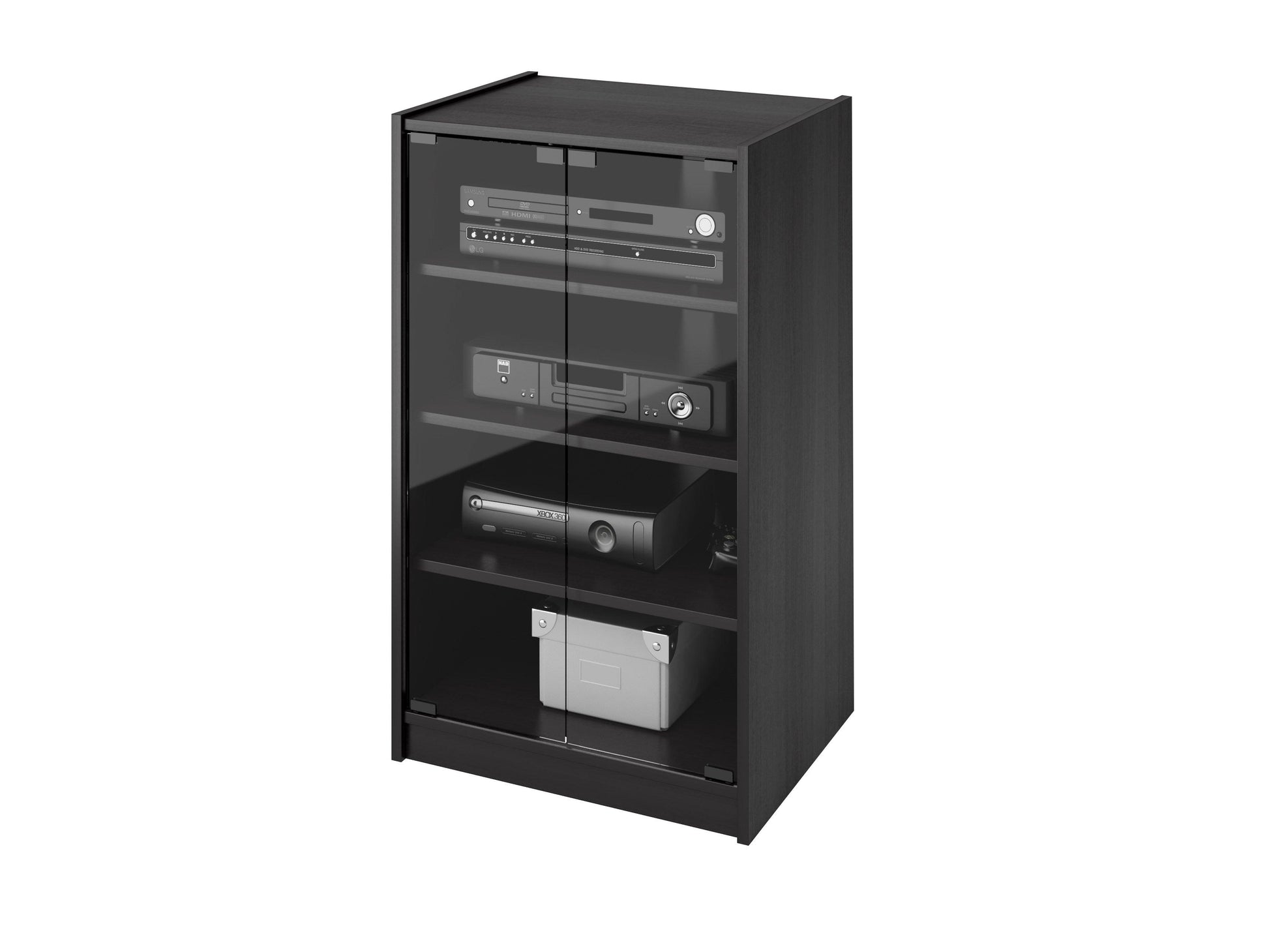 Modern media storage cabinet with doors, 21 inches, featuring a sleek white finish and minimalist design, perfect for organizing electronics and media accessories in a contemporary living room or office setup.