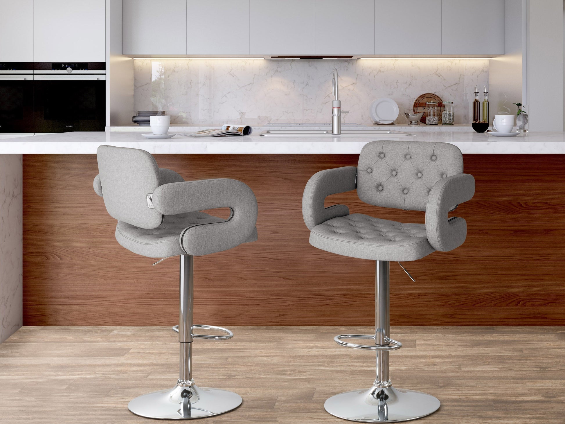 Medium grey bar stools with arms, fabric upholstery, wooden legs, and a contemporary design, set of 2.