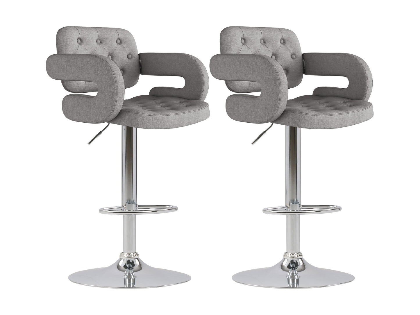 Medium grey fabric bar stools with arms, wooden legs, and cushioned seats, set of 2, modern design.