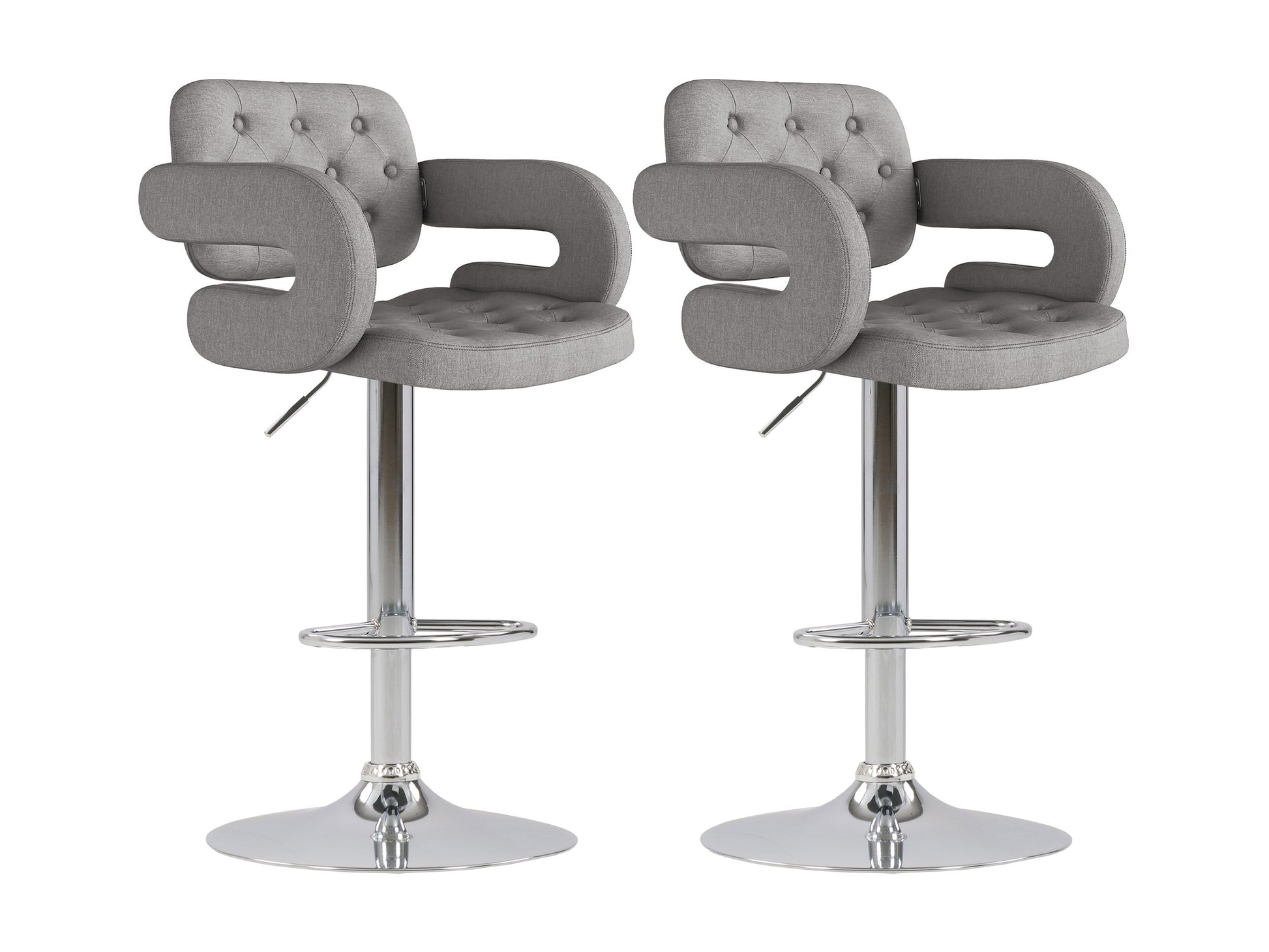 Medium grey fabric bar stools with arms, wooden legs, and cushioned seats, set of 2, modern design.