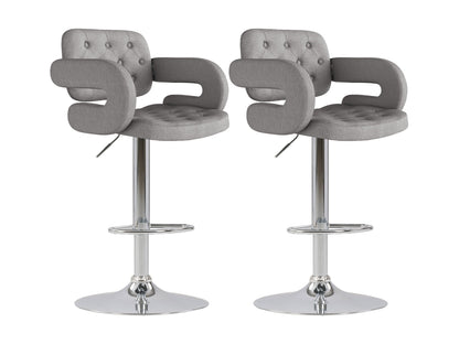 Medium grey fabric bar stools with arms, wooden legs, and cushioned seats, set of 2, modern design.