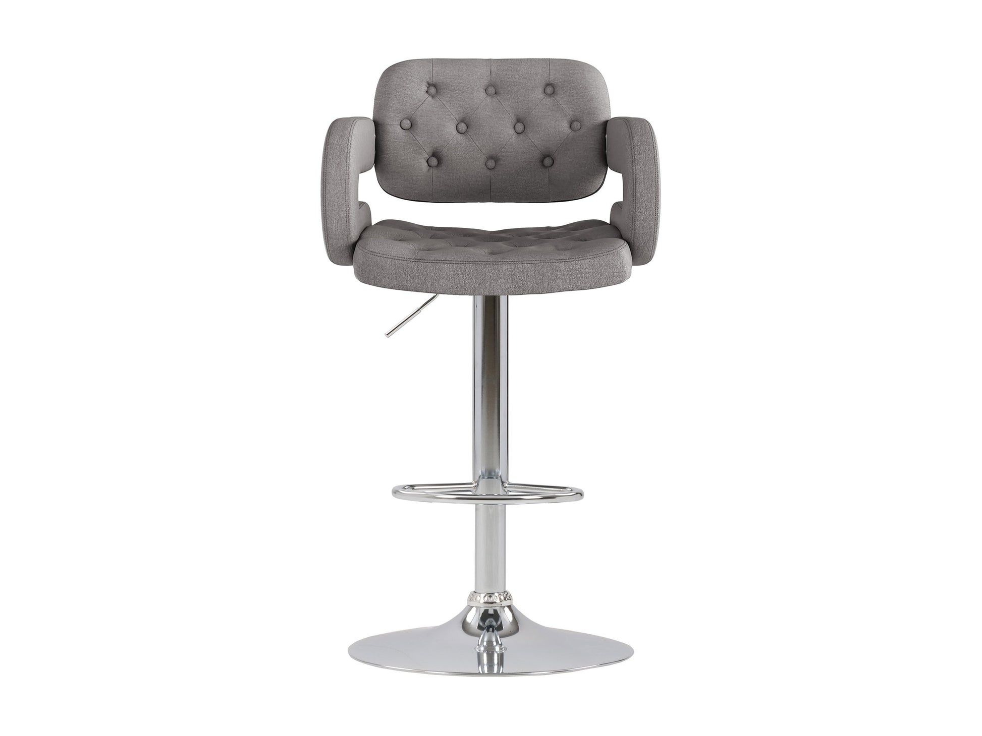 Medium grey bar stools with arms, cushioned seats, and sleek black metal legs, set of 2.