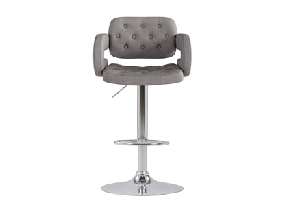 Medium grey bar stools with arms, cushioned seats, and sleek black metal legs, set of 2.