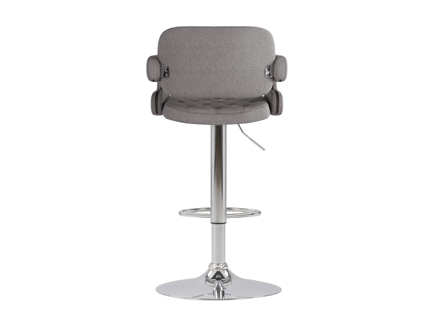 Medium grey bar stools with arms, fabric upholstery, wooden legs, and modern design – set of 2.