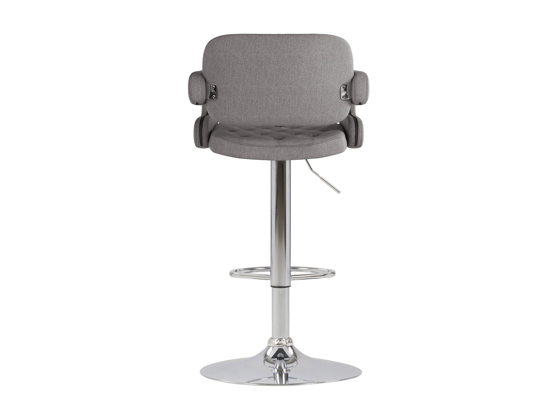 Medium grey bar stools with arms, fabric upholstery, wooden legs, and modern design – set of 2.