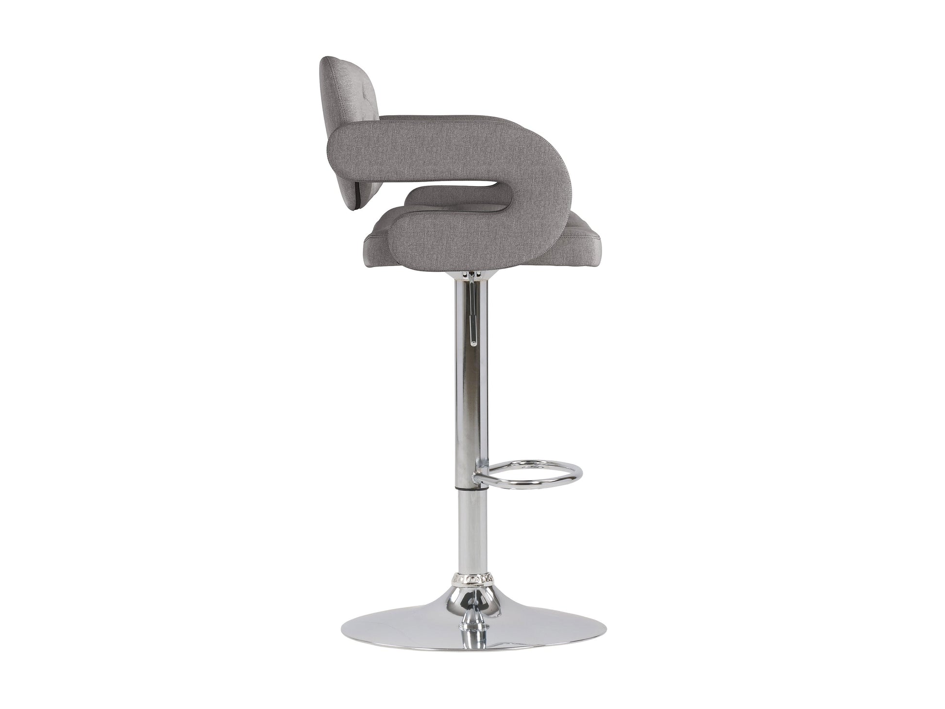 Medium grey fabric bar stools with arms, wooden legs, and padded seats, set of 2.