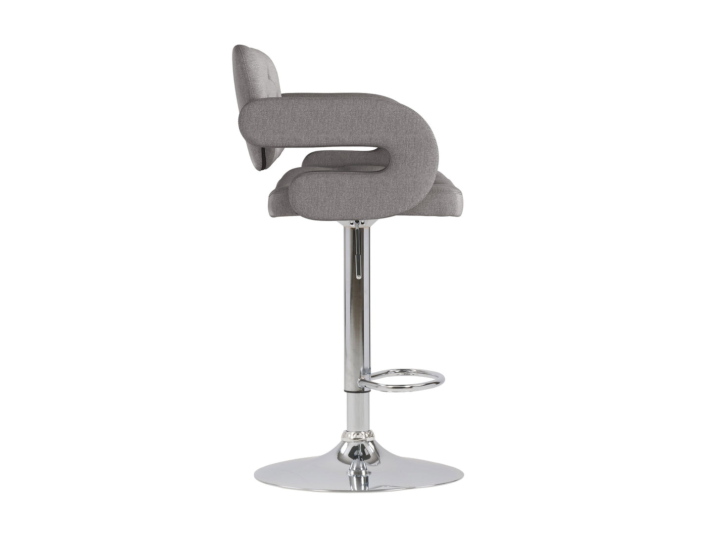 Medium grey bar stools with arms, upholstered fabric, wooden legs, set of 2, modern design.