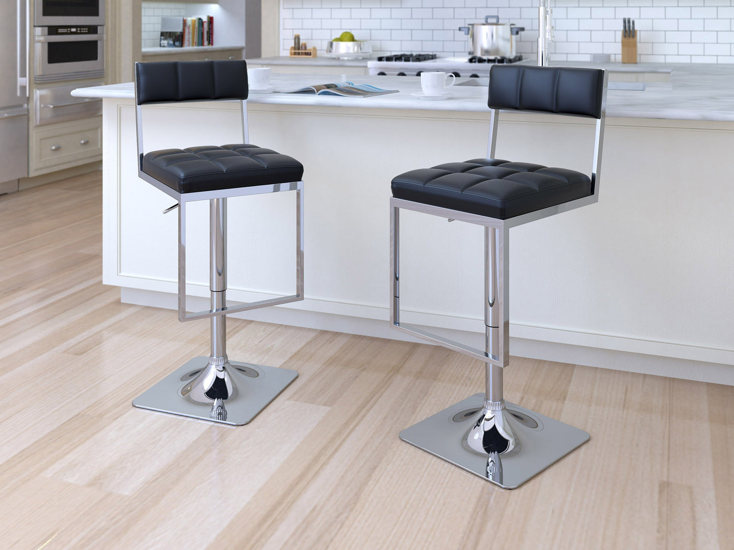 Black leather bar stools with sleek chrome legs, set of 2, modern design for kitchen or bar area.