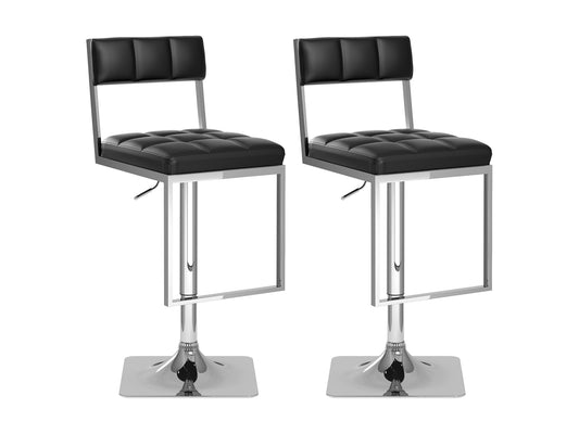 Black bar stools set of 2 with cushioned seats, sleek metal legs, and modern design.