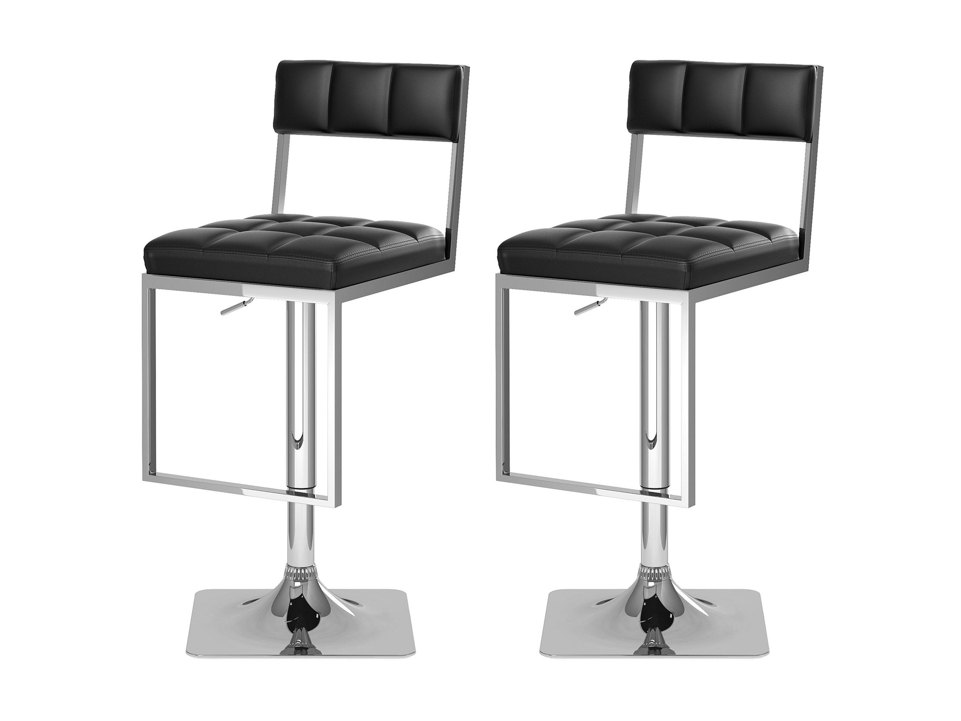 Set of 2 black bar stools with cushioned seats, metal legs, and a sleek modern design.