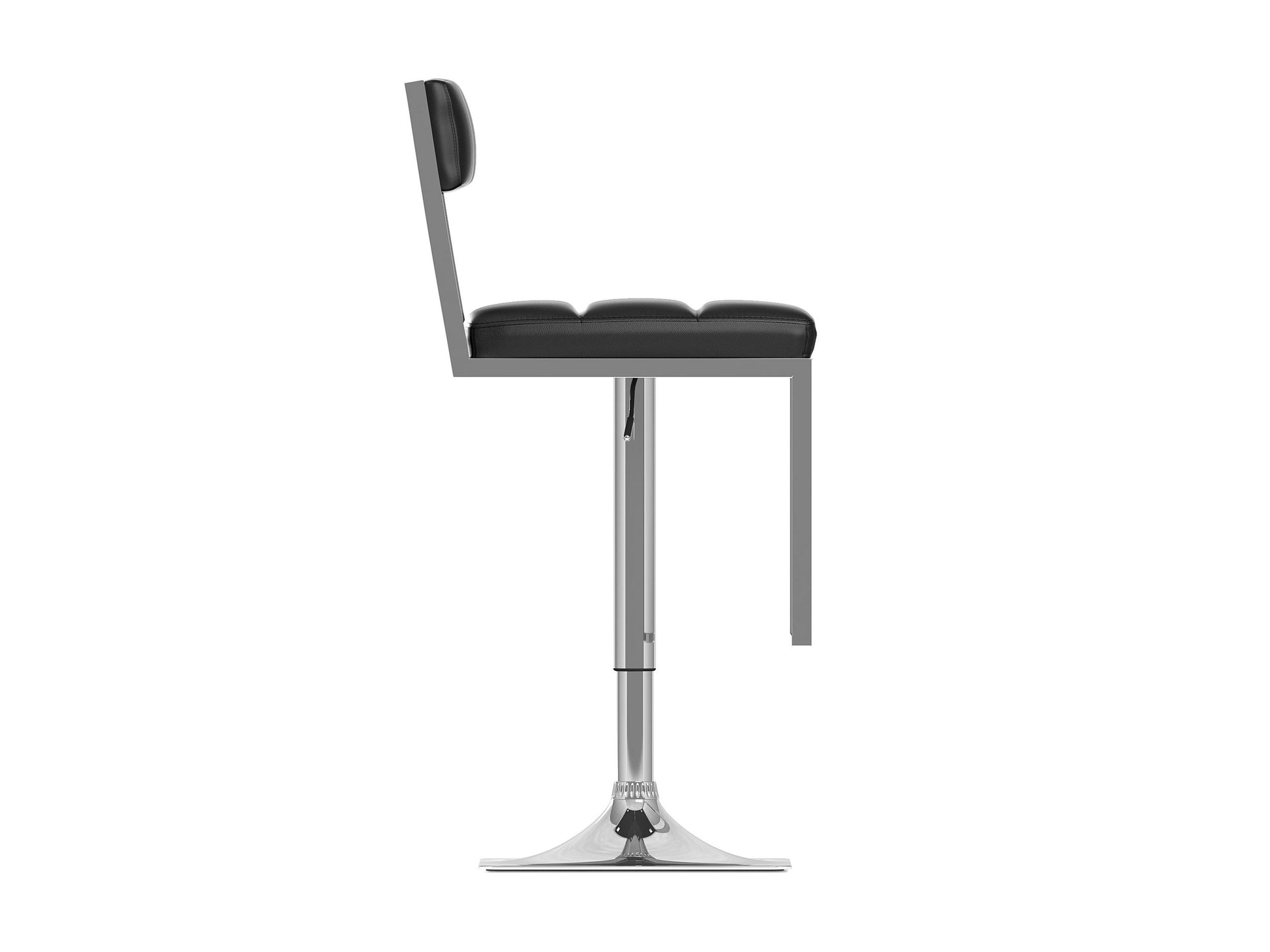 Set of 2 black bar stools with cushioned seats, sleek metal legs, and modern design.