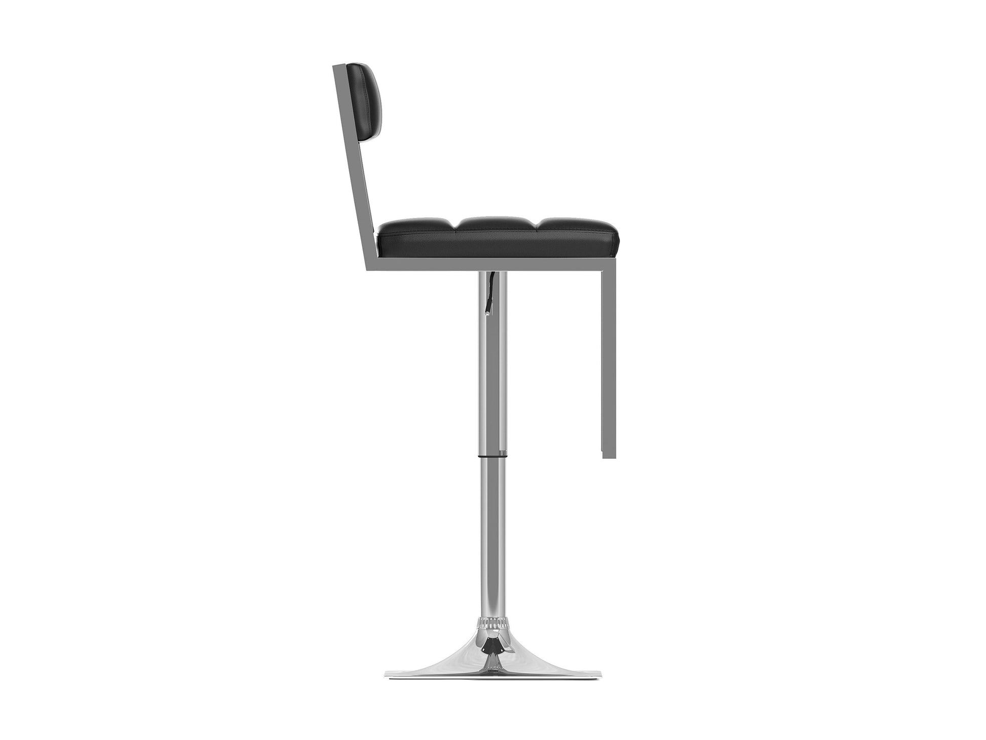 Set of 2 black bar stools with cushioned seats, sleek metal legs, and modern design.