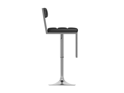 Set of 2 black bar stools with cushioned seats, sleek metal legs, and modern design.