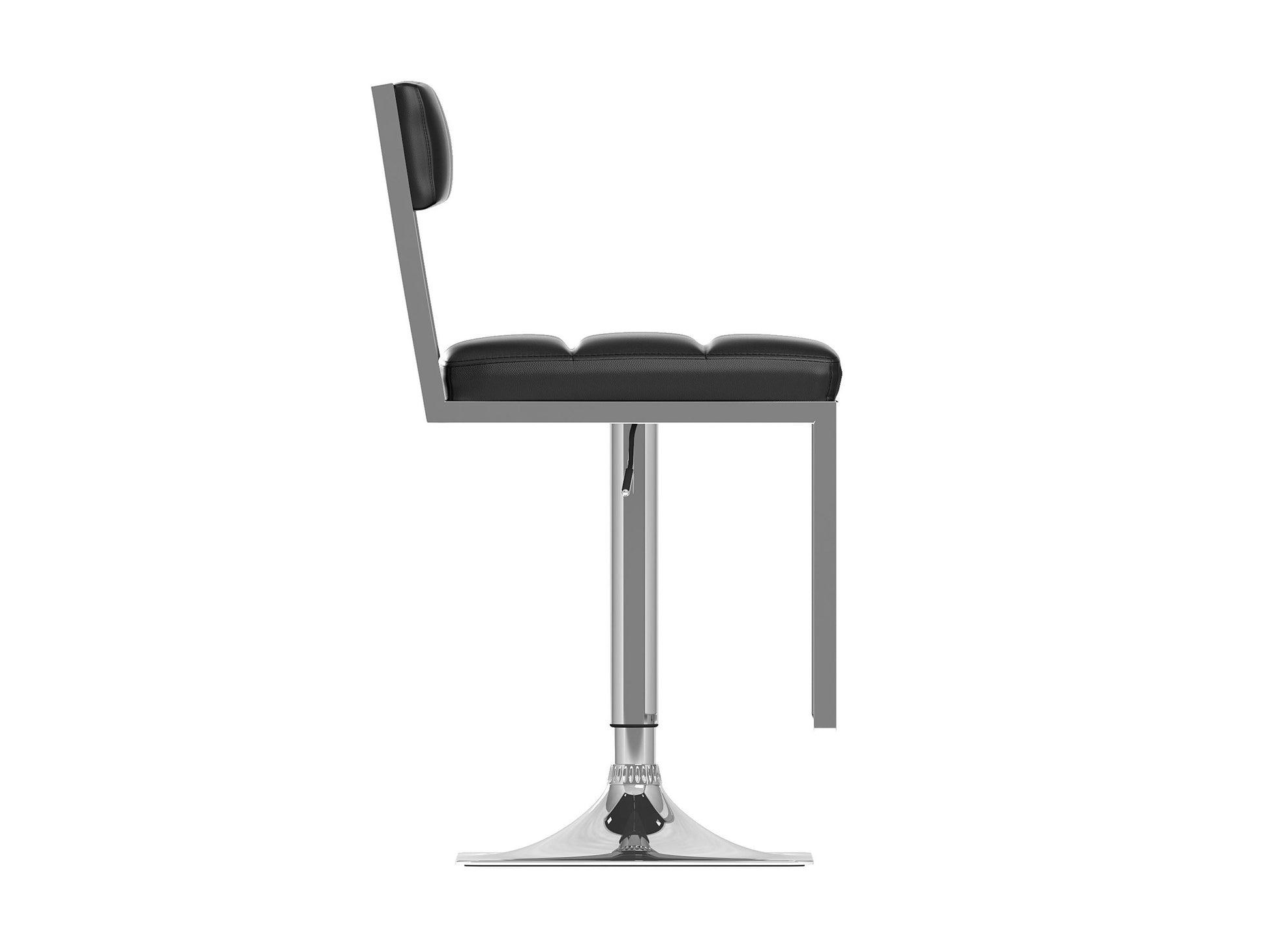 Set of 2 black bar stools, faux leather seats, chrome metal frame, adjustable height, and footrests.