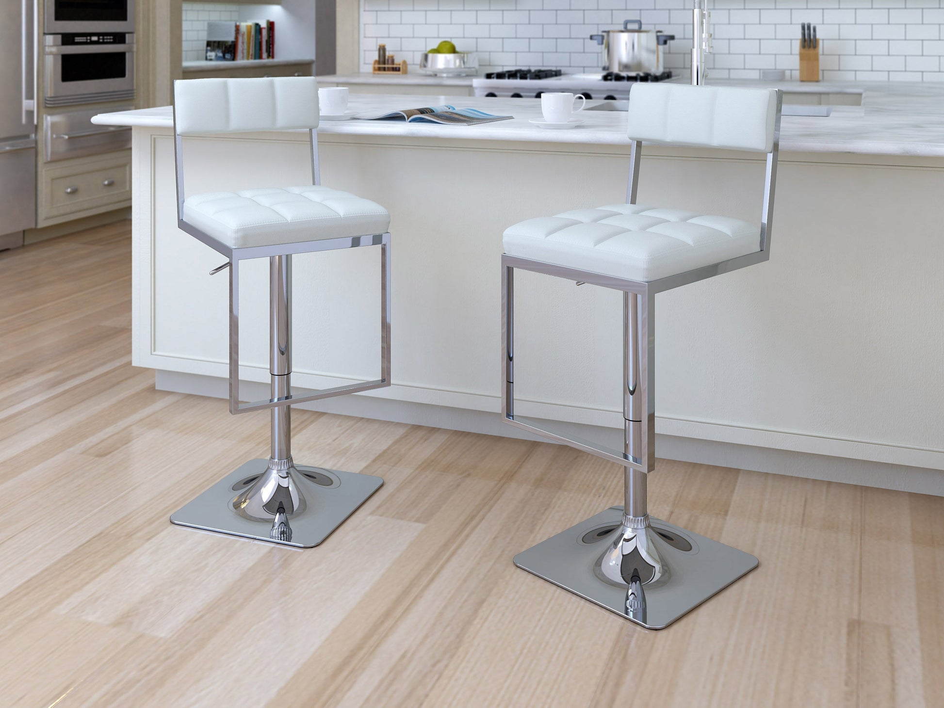 White bar stools, set of 2, with chrome legs and footrest, modern design, perfect for kitchen or bar counter.