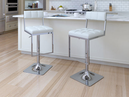 White bar stools, set of 2, with chrome legs and footrest, modern design, perfect for kitchen or bar counter.