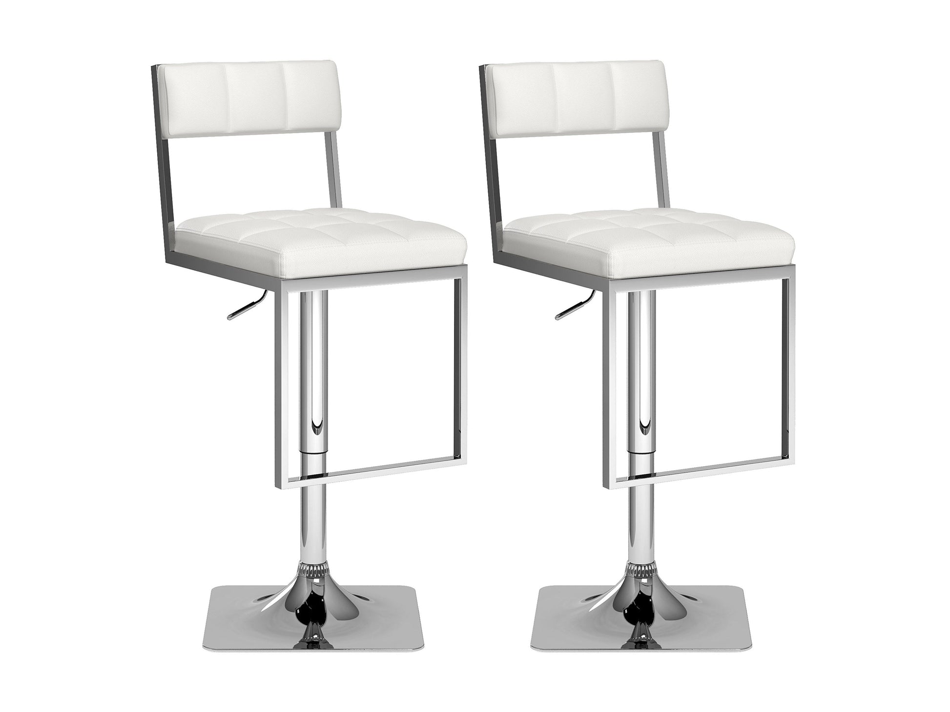 Set of 2 white bar stools with cushioned seats, sleek chrome legs, and modern design.