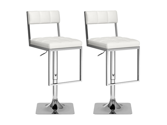 Set of 2 white bar stools with cushioned seats, sleek chrome legs, and modern design.
