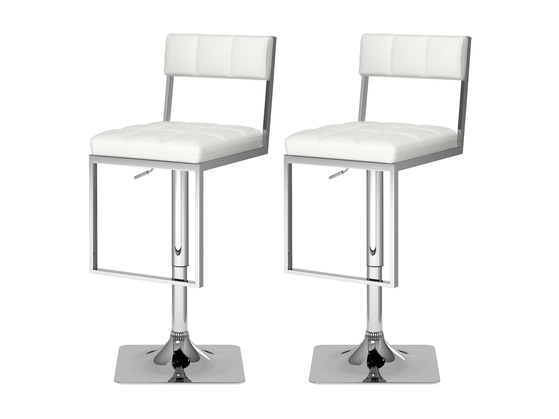 Set of 2 white bar stools with cushioned seats, chrome swivel bases, and adjustable height for modern kitchen or bar areas.