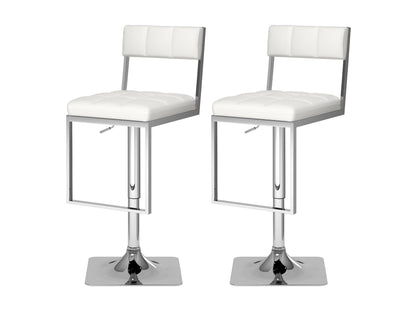 Set of 2 white bar stools with cushioned seats, chrome swivel bases, and adjustable height for modern kitchen or bar areas.