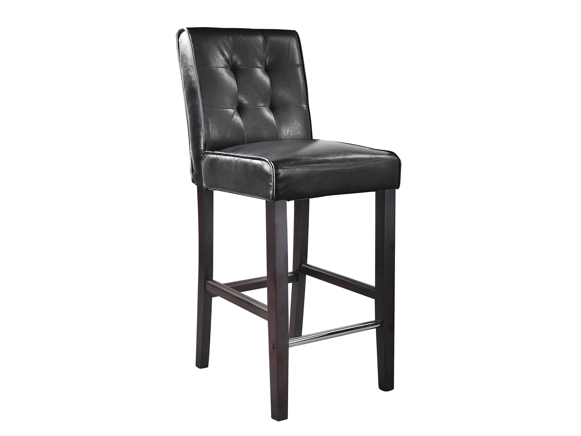 Black bar height bar stool with cushioned seat, sleek metal frame, and footrest for modern kitchen or bar area.