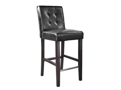 Black bar height bar stool with cushioned seat, sleek metal frame, and footrest for modern kitchen or bar area.