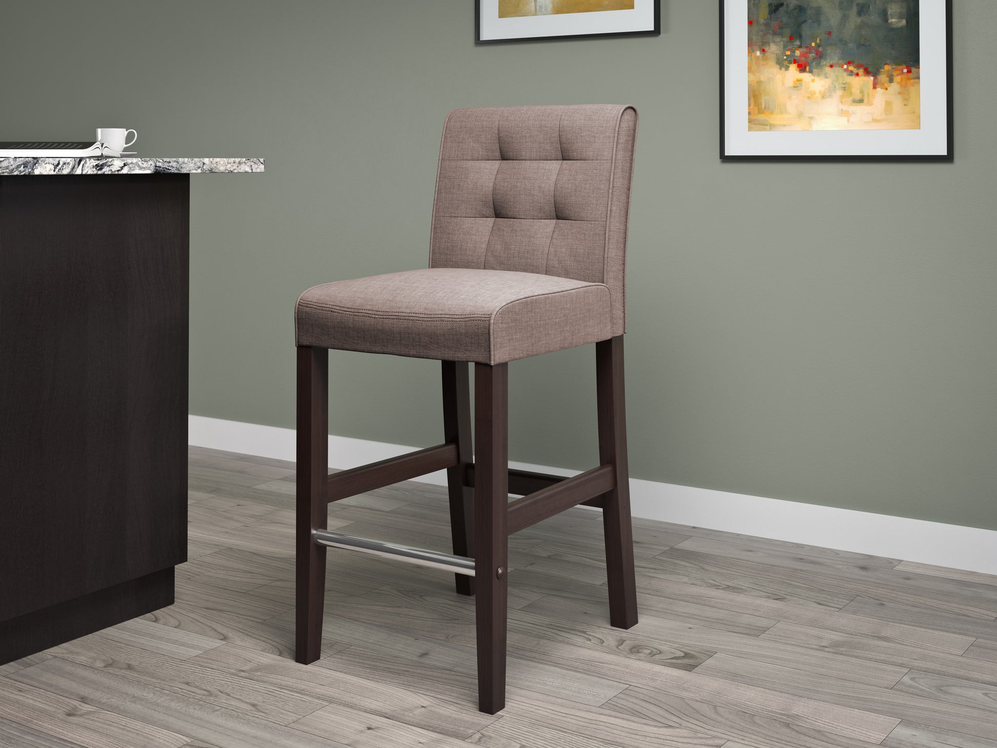 Brown bar stool with cushioned seat, wooden legs, and footrest. Upholstered in dark brown leather with a sleek, modern design. Ideal for bar height counters and contemporary kitchen decor.
