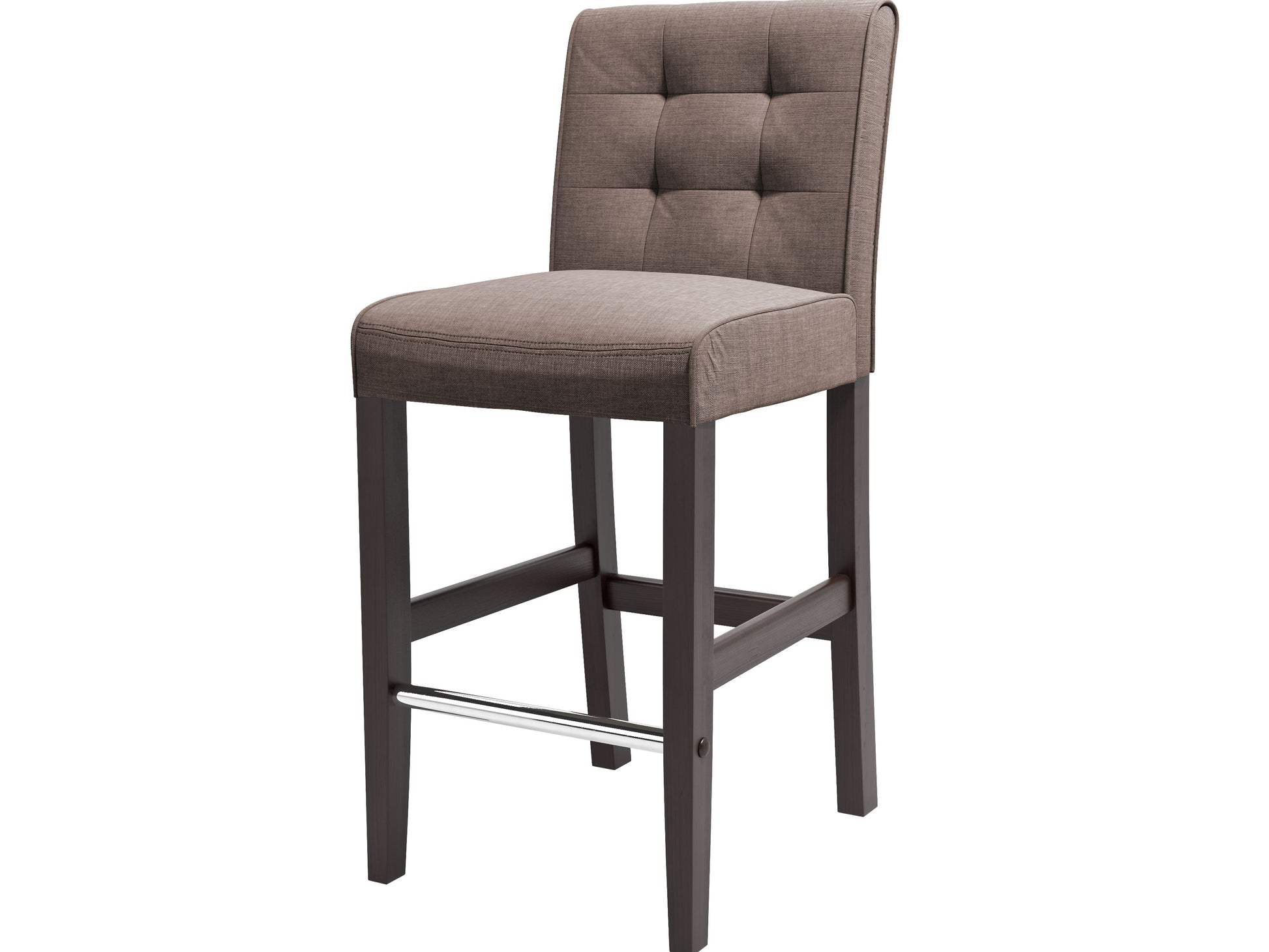 Brown wooden bar stool with a slatted backrest, cushioned seat, and sturdy legs. Ideal for bar height counters. Classic design with a smooth finish, perfect for kitchen islands or home bars.