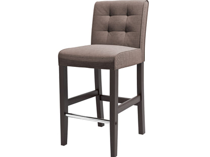 Brown wooden bar stool with a slatted backrest, cushioned seat, and sturdy legs. Ideal for bar height counters. Classic design with a smooth finish, perfect for kitchen islands or home bars.