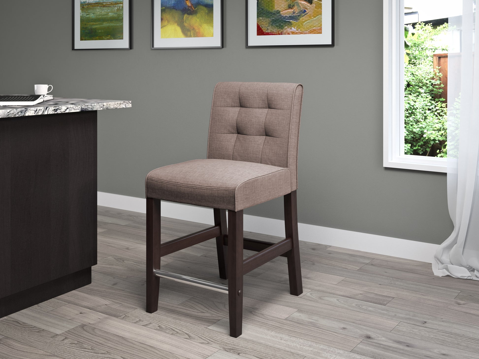 Brown counter height bar stool with cushioned seat, wooden legs, and metal footrest; ideal for kitchen islands or home bars.