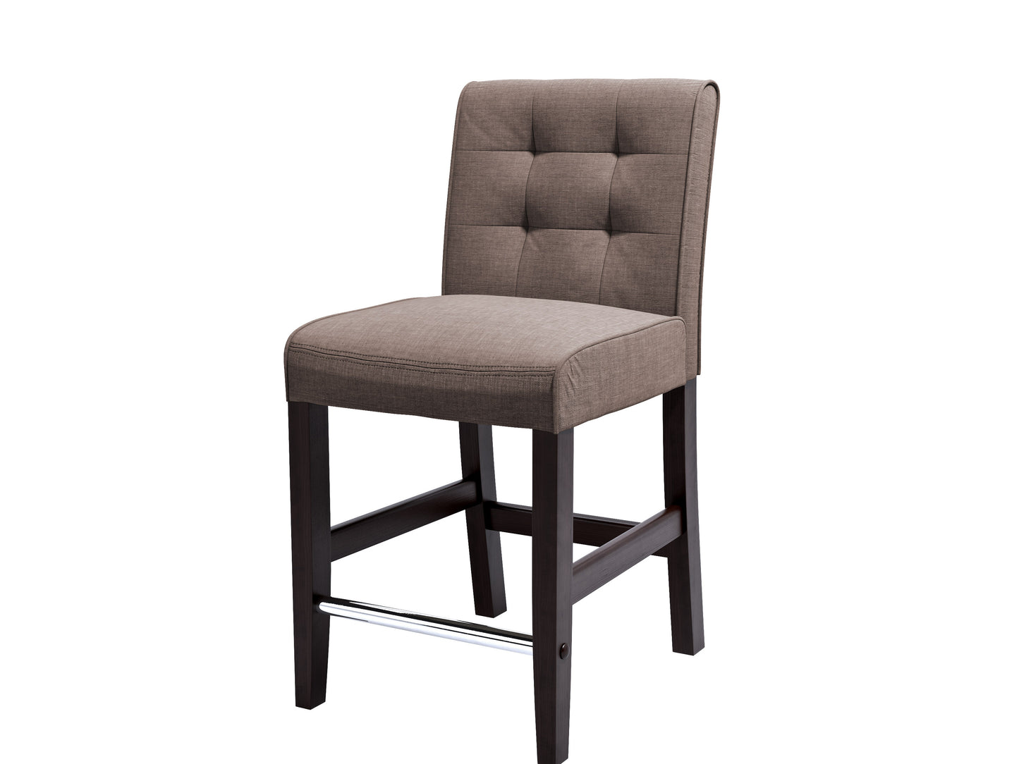 Brown bar stool with cushioned seat, wooden legs, and footrest. The stool features a sleek, modern design with a counter height, perfect for kitchen islands and home bars.