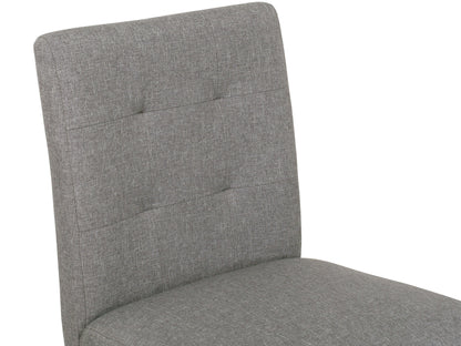Silver grey fabric counter height bar stool with cushioned seat and back, wooden legs, and modern design.