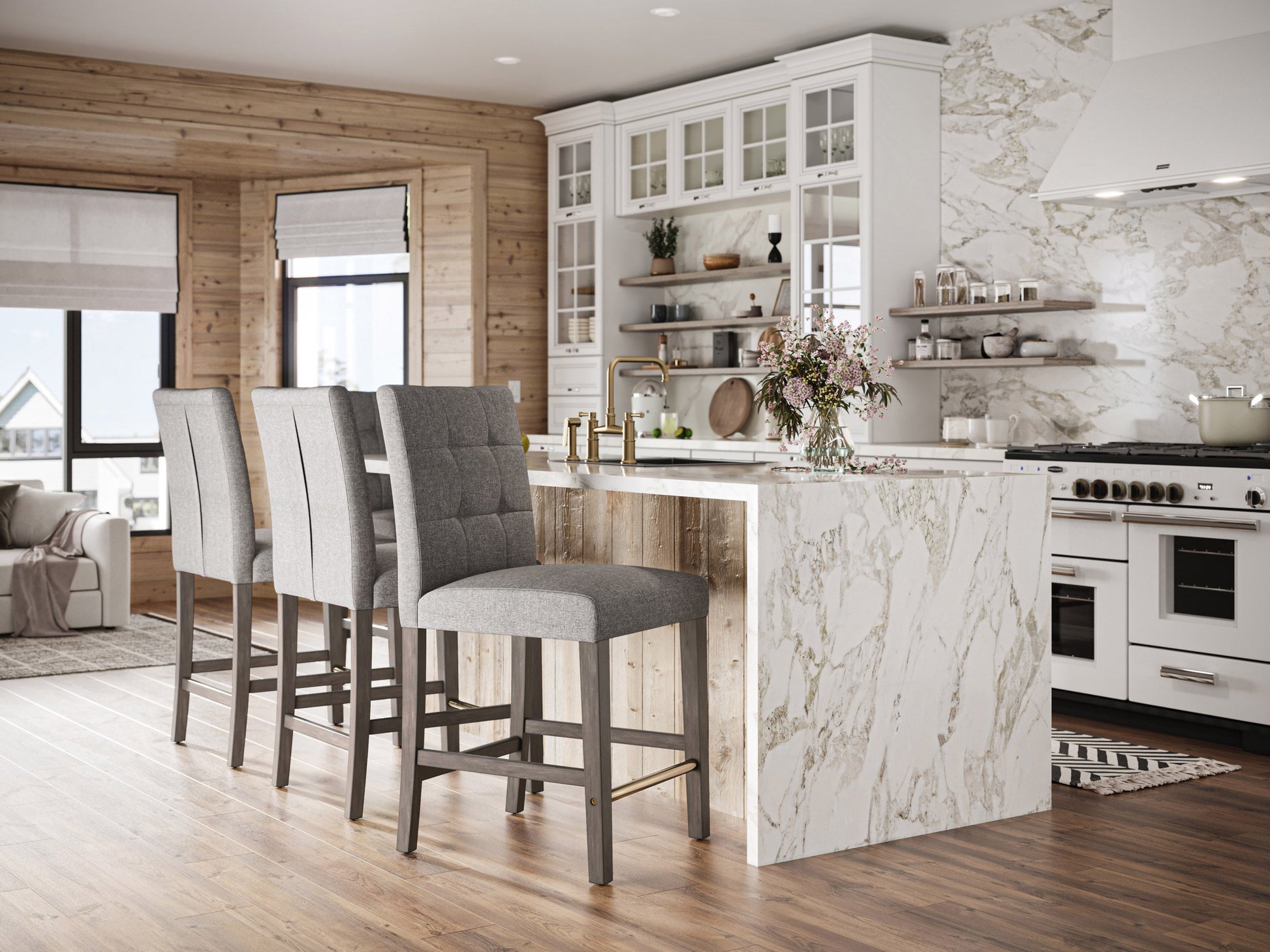Silver grey fabric bar stool with sleek wooden legs and tufted backrest.