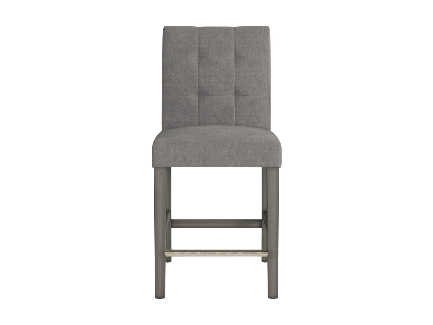 Silver grey fabric bar stool with cushioned seat, wooden legs, and footrest, ideal for modern kitchen counters.